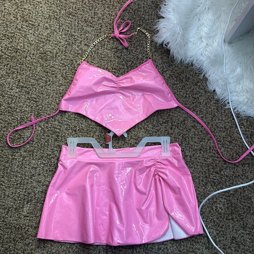 Pink Skirt With Matching Top, Gold Chain